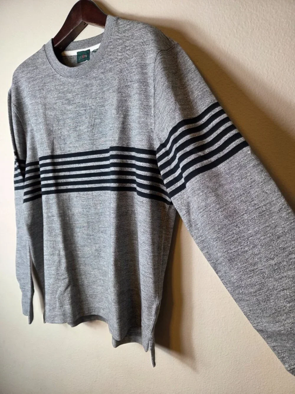 J. Crew Men's 100% Cotton Sweater L Gray Black Stripe Crew Neck Elbow Patch